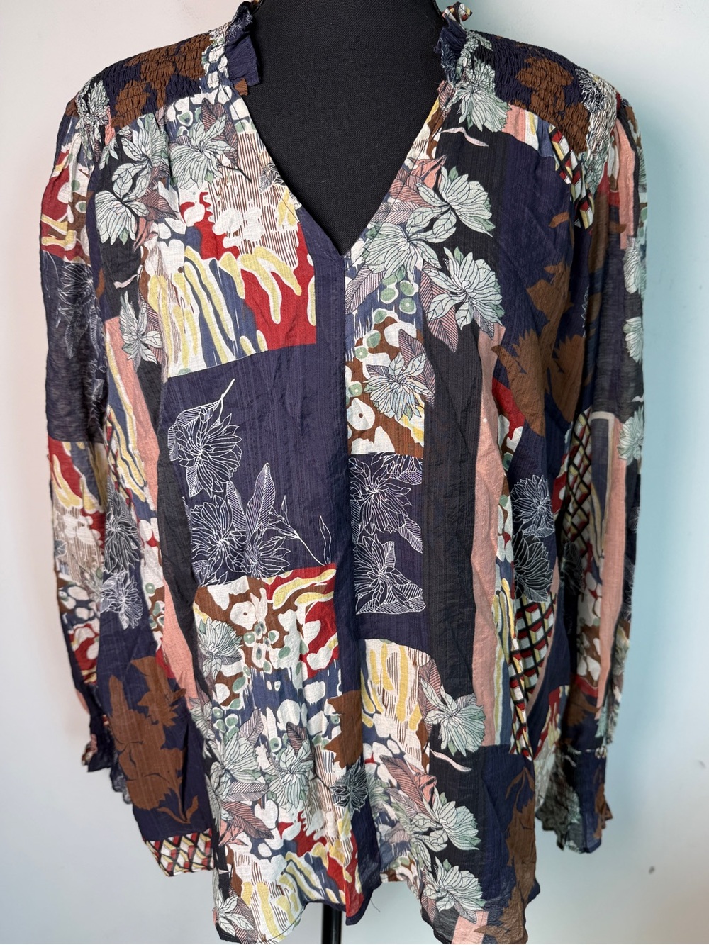 Avara Patchwork Print Smocked V-Neck Blouson Peasant Ruffle Top Boho Sz L